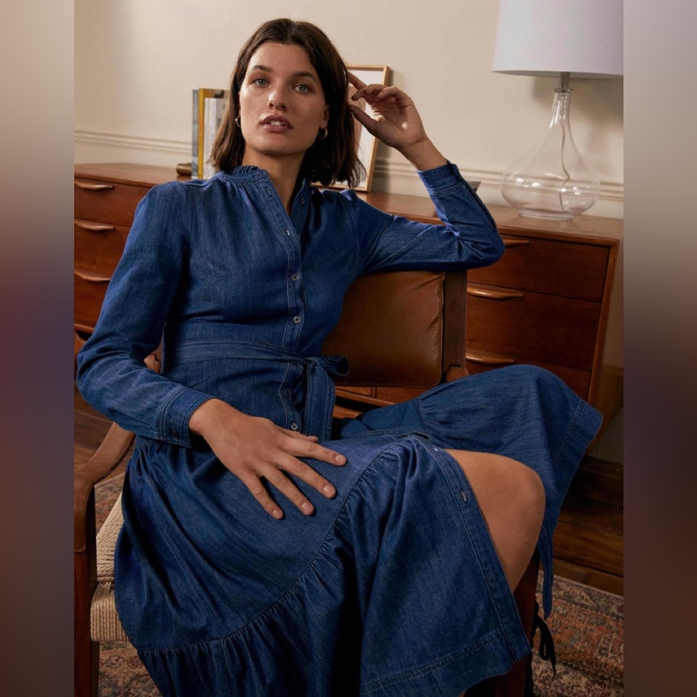 NWT Boden Ellen Tiered Midi Denim Shirt Long Sleeve Dress size 14